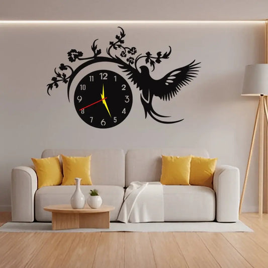 WallTrove Bird with Flowers 3D Wooden Wall Clock |C80
