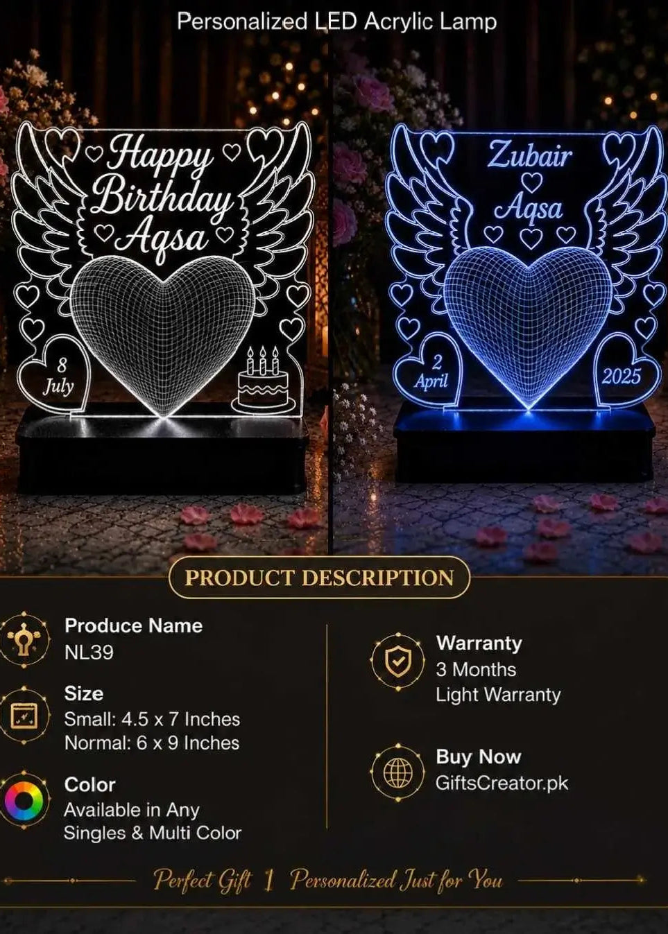 Wings Heart Customised Lamp NL39 Gifts Creator