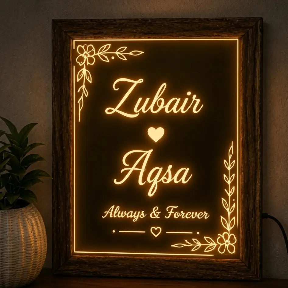 Corner Floral 3d customized Name Lamp Frame for Table and wall | Always & Forever Edition | NL07 Gifts Creator