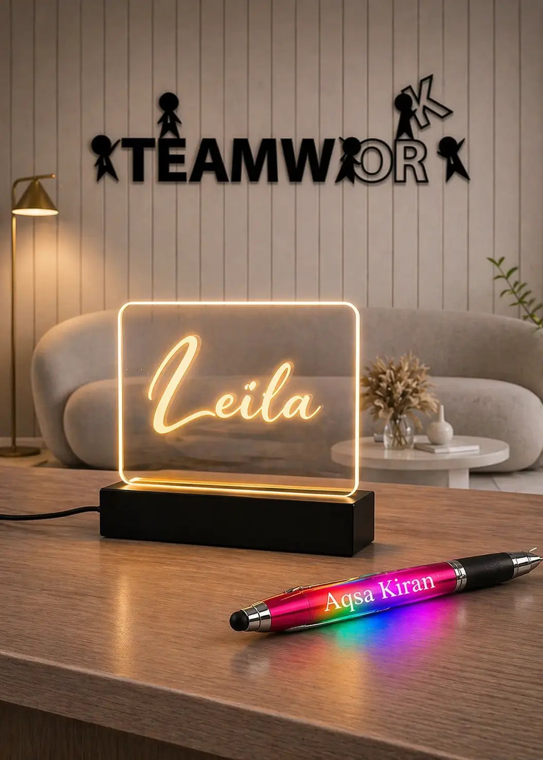 Pack of 3 Personalized Gift Set – Customized RGB Name Lamp, 3D Teamwork Acrylic Wall Decor & Engraved Name Pen Gifts Creator