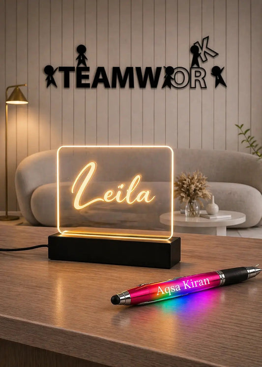Pack of 3 Personalized Gift Set – Customized RGB Name Lamp, 3D Teamwork Acrylic Wall Decor & Engraved Name Pen Gifts Creator