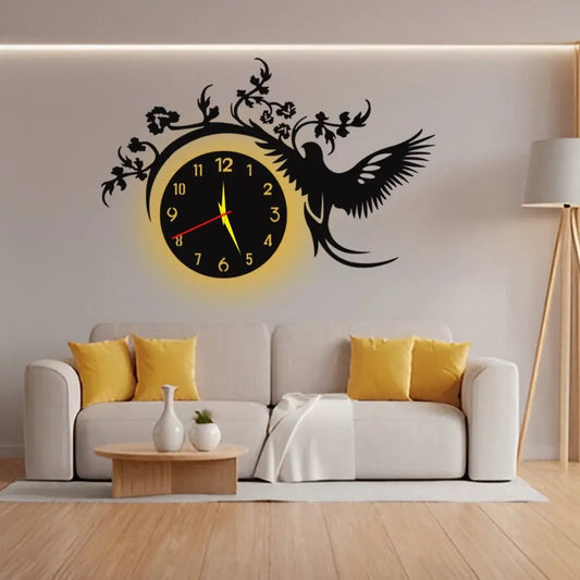 WallTrove Bird with Flowers 3D Wooden Wall Clock |C80
