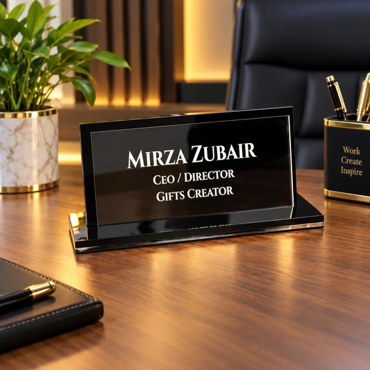 Personalized Black Acrylic Office Desk Name Plate – Custom Nameplate with Premium Glossy Base | NL68 WithoutL