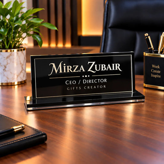 Personalized Black Acrylic Office Desk Name Plate – Custom Nameplate with Premium Glossy Base | NL68 WithoutL