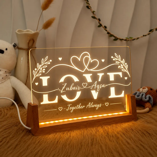 Personalized LOVE Couple Name LED Lamp | Custom Names Acrylic Night Lamp with Wooden Base | NL79