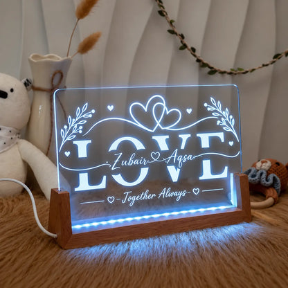 Personalized LOVE Couple Name LED Lamp | Custom Names Acrylic Night Lamp with Wooden Base | NL79