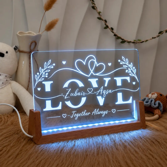 Personalized LOVE Couple Name LED Lamp | Custom Names Acrylic Night Lamp with Wooden Base | NL79