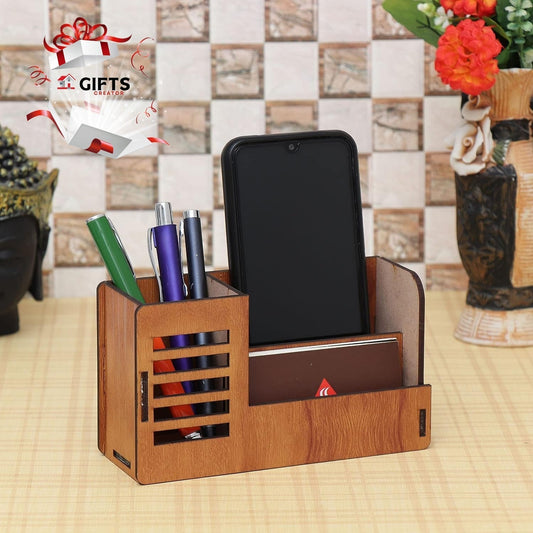 Stand with Visiting Card & Mobile Holder Wooden Desk Organizer | Pen and Pencil Stand for Office Table with Business Card Holder Box and Mobile Stand | KH04 Gifts Creator