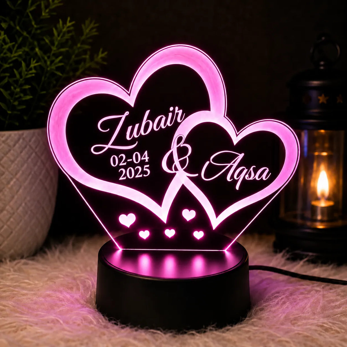 Personalized Double Heart LED Lamp – Custom Name & Date | Best gift for couple | NL76