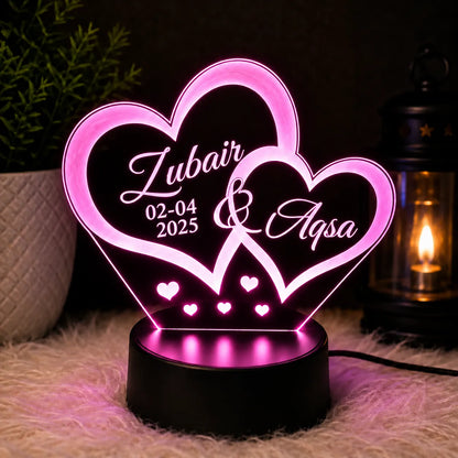 Personalized Double Heart LED Lamp – Custom Name & Date | Best gift for couple | NL76