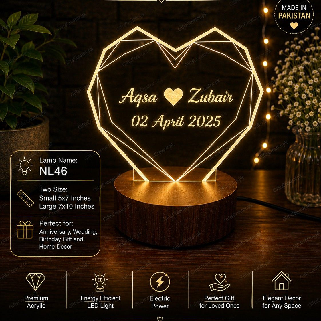 Heart Shaped 3D Illusion Lamp (NL46) Gifts Creator